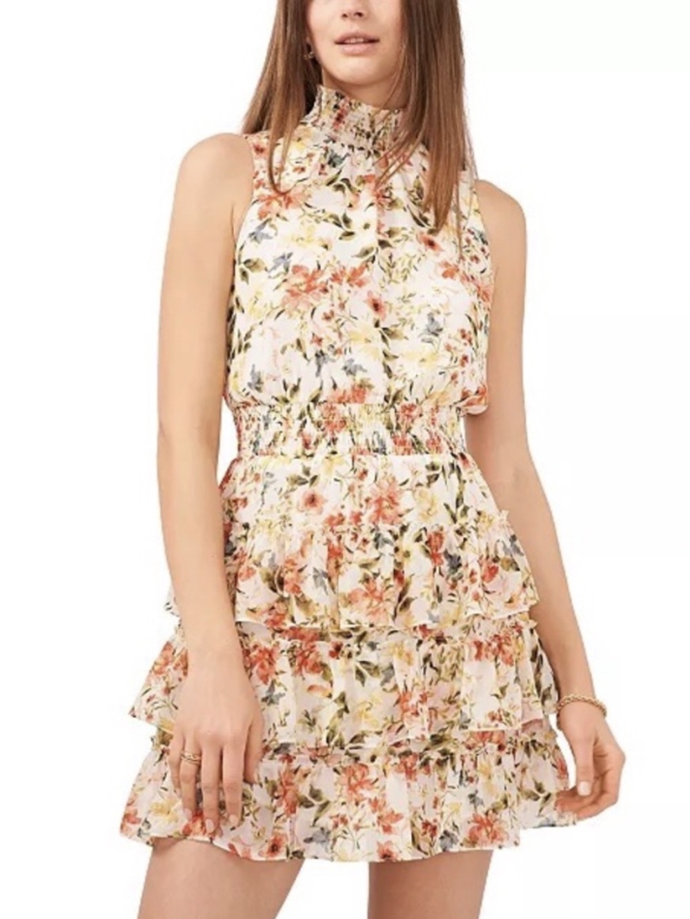 STATE Cream Floral Ruffle Mini Dress